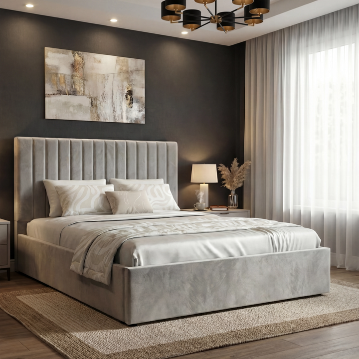 [Light Grey | Double] Velvet upholstered bed with vertical channel style headboard against dark wall with lamp and curtains