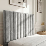 [Light Grey | Single] Close-up of light grey velvet ottoman bed headboard showing nine vertical channel pleats