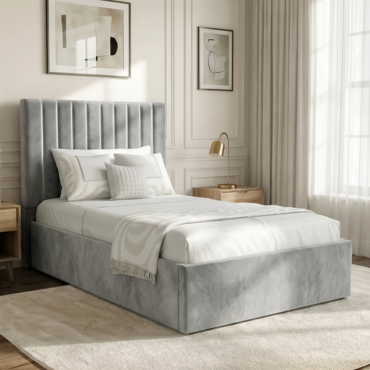 [Light Grey | Single] velvet ottoman bed beside pale wood bedside in moulded-panel bedroom