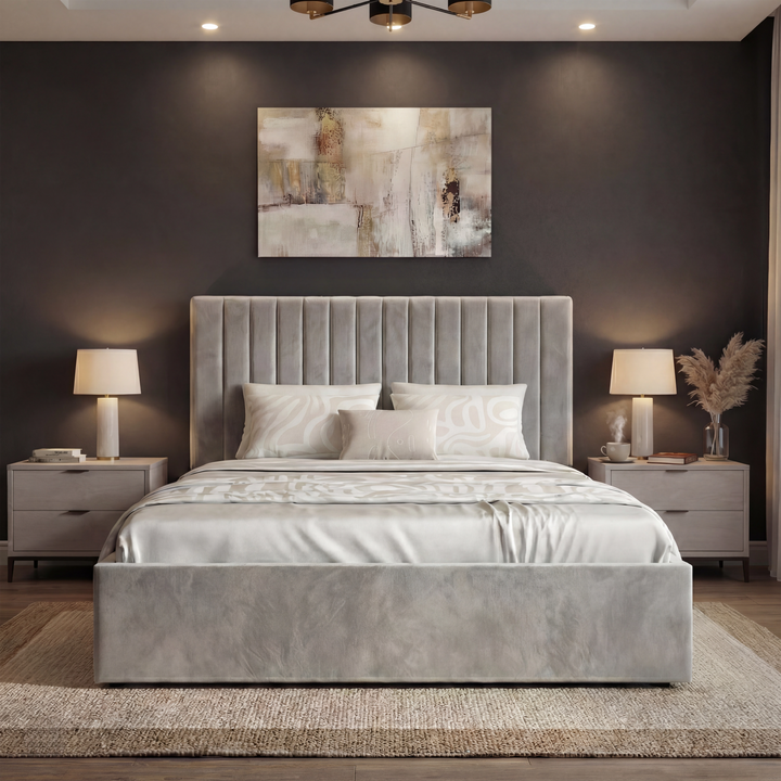 [Light Grey | Small Double] Channel velvet ottoman bed front view with two grey nightstands and white lamps