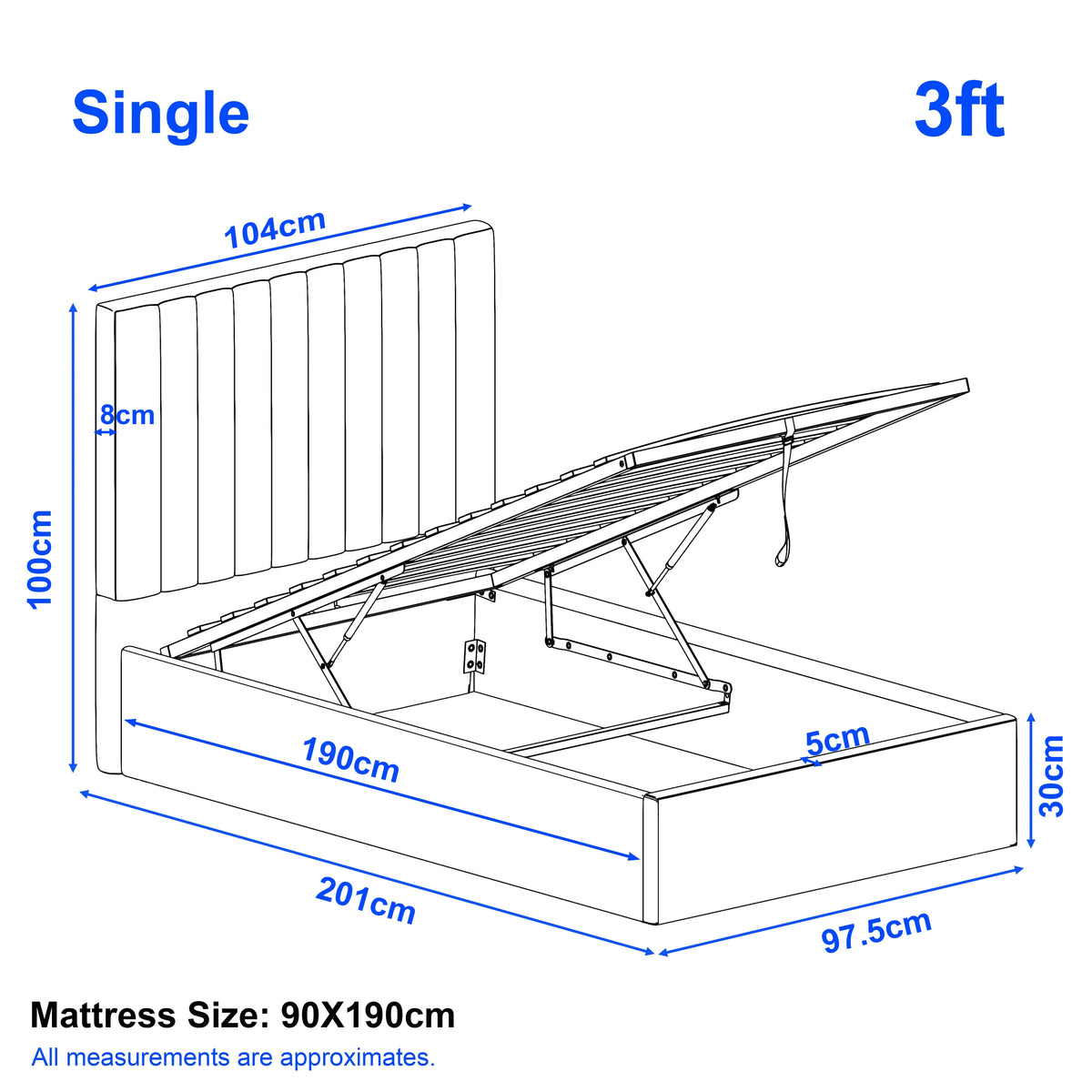 [Beige | Single] 3ft vertical bed dimension diagram showing 97.5cm width 201cm length and 100cm headboard height