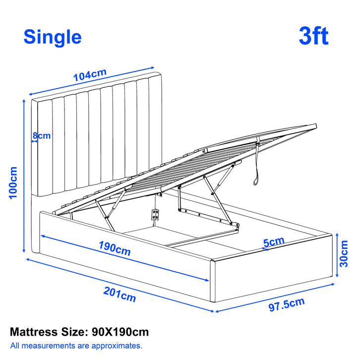 [Beige | Single] 3ft vertical bed dimension diagram showing 97.5cm width 201cm length and 100cm headboard height