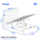 [Light Grey | Single] size guide for ottoman bed frame displaying overall frame 97.5x201x30cm and 100cm headboard height
