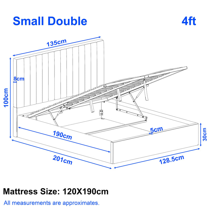 [Light Grey | Small Double] size guide displaying overall bed frame 128.5x201x30cm and 100cm headboard height
