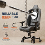 [Black + Grey] Ergonomic chair with durability testing elements on a beige background