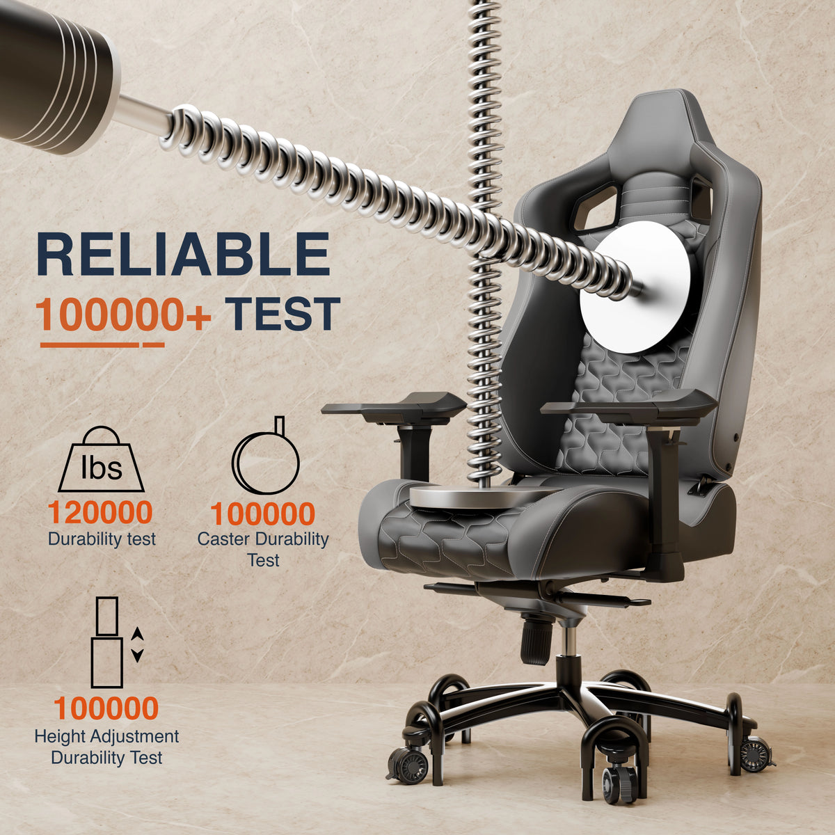 [Black + Grey] Ergonomic chair with durability testing elements on a beige background
