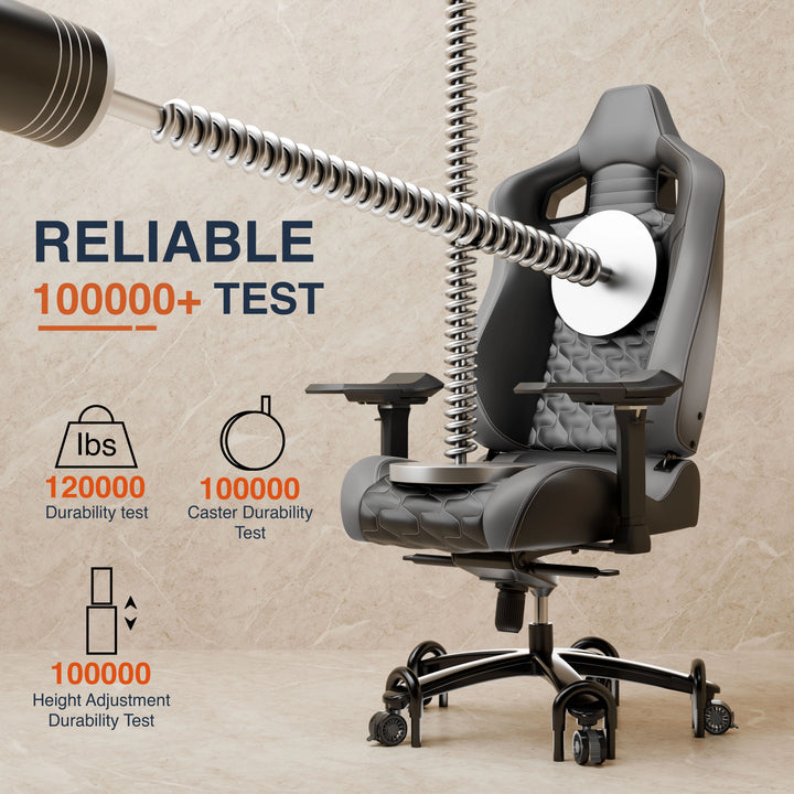 [Black + Grey] Ergonomic chair with durability testing elements on a beige background