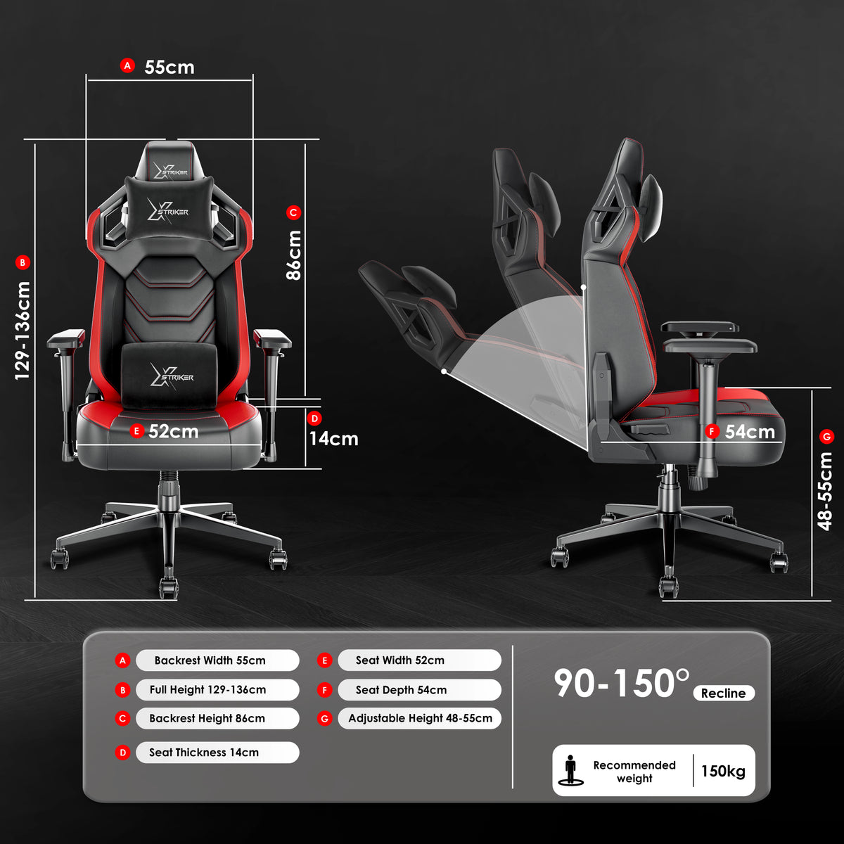 [Black + Red] Xstriker Gaming Chair with ergonomic racing design, 4D armrests, 90-150° recline, and adjustable height for optimal comfort and support.