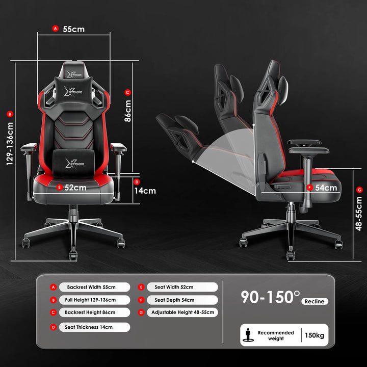 [Black + Red] Xstriker Gaming Chair with ergonomic racing design, 4D armrests, 90-150° recline, and adjustable height for optimal comfort and support.