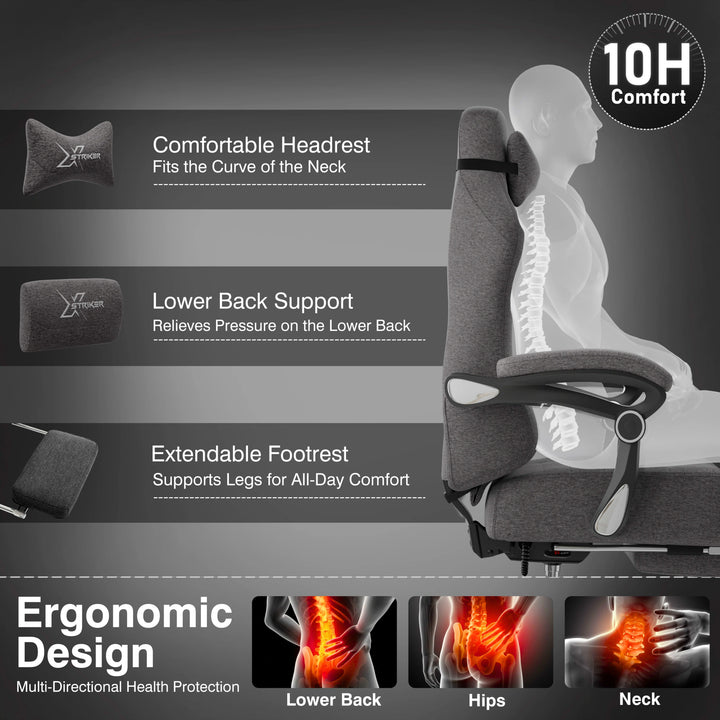 [Grey] A grey office chair in a modern office setting with a desk and lamp.