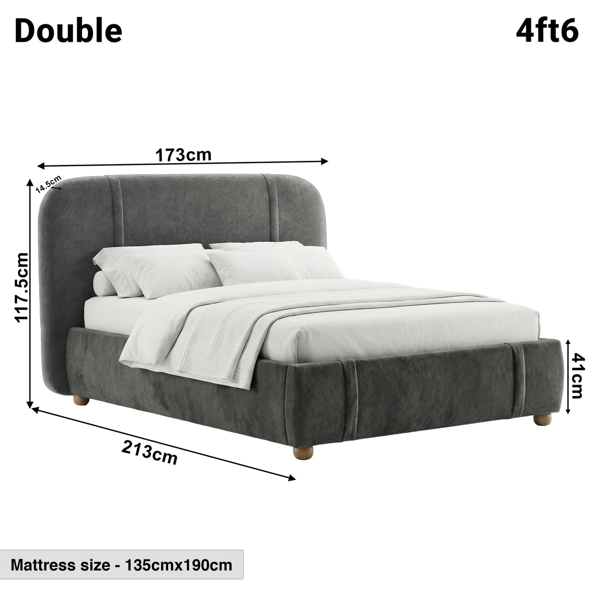 [Double | Dark Grey] Dimensions diagram showing 173cm width and 213cm length with 117.5cm headboard height