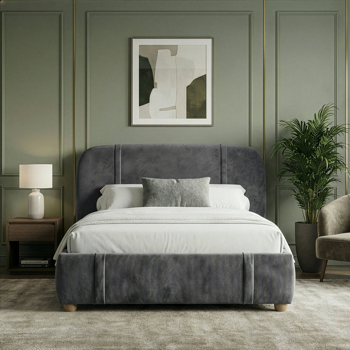 [Double | Dark Grey] Front view of fabric bed with wingback headboard between white nightstand and beige armchair