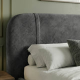 [Double | Dark Grey] Upholstery close-up with channel stitching on three-section headboard and white pillows