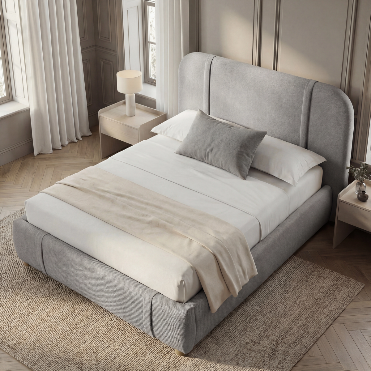 [Double | Grey] Overhead angled view of fabric bed showing textured upholstery and rounded edges with white bedding