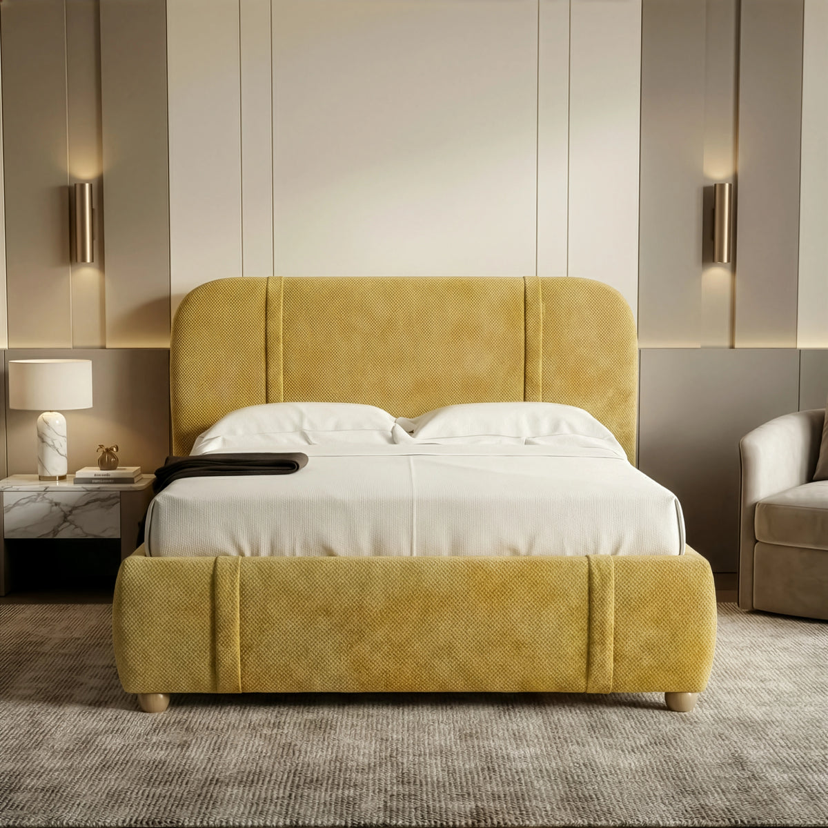 [Double | Yellow] Front view of wingback bed centred against panelled wall with brass sconces and LED strip accents