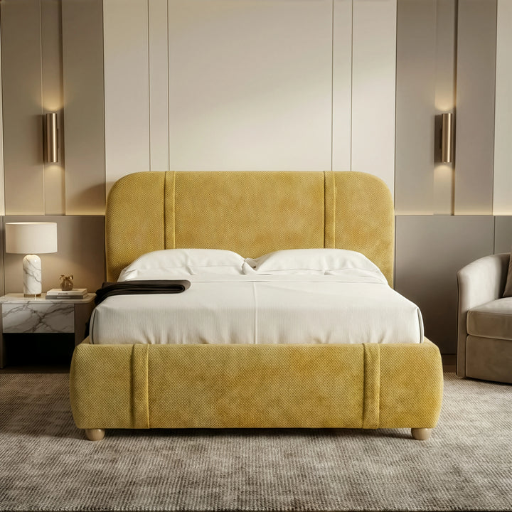 [Double | Yellow] Front view of wingback bed centred against panelled wall with brass sconces and LED strip accents
