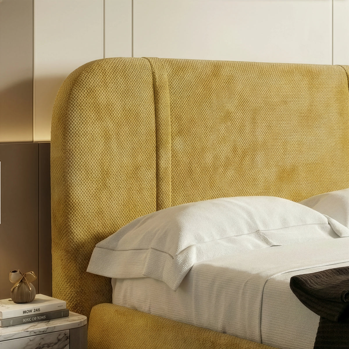 [Double | Yellow] Close-up of curved headboard showing mustard chenille texture with vertical channel stitch