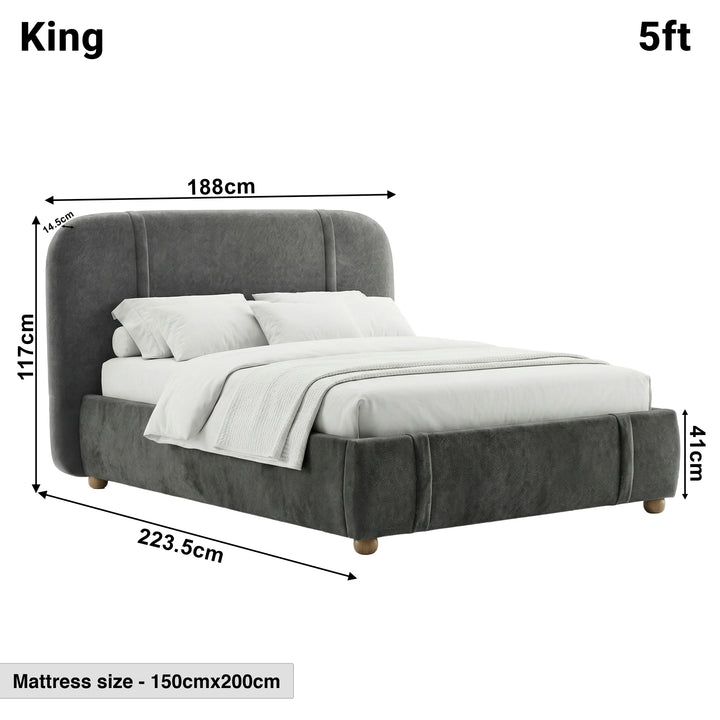 [Dark Grey | King] Vynarae fabric bed frame 5ft dimensions diagram showing 188cm width 223.5cm length 117cm headboard