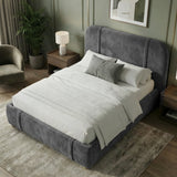 [King | Dark Grey] Overhead angled view of fabric bed frame with grey cushion in sage green panelled room
