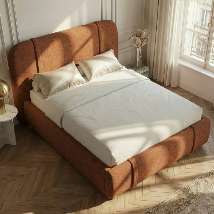 [King | Orange] Overhead angled view of fabric bed showing rust chenille texture with white satin bedding