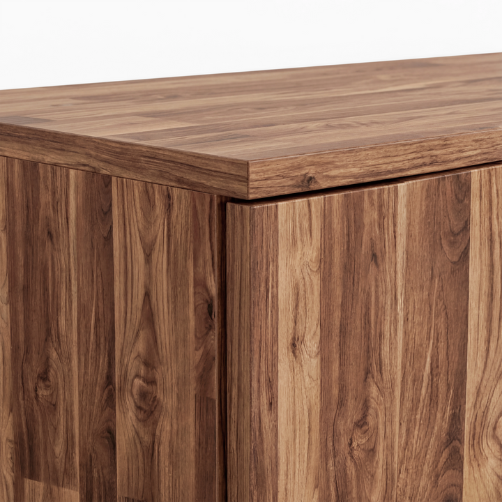 [Dark Bronx] Top corner detail of walnut wardrobe highlighting natural grain pattern and sharp panel edges