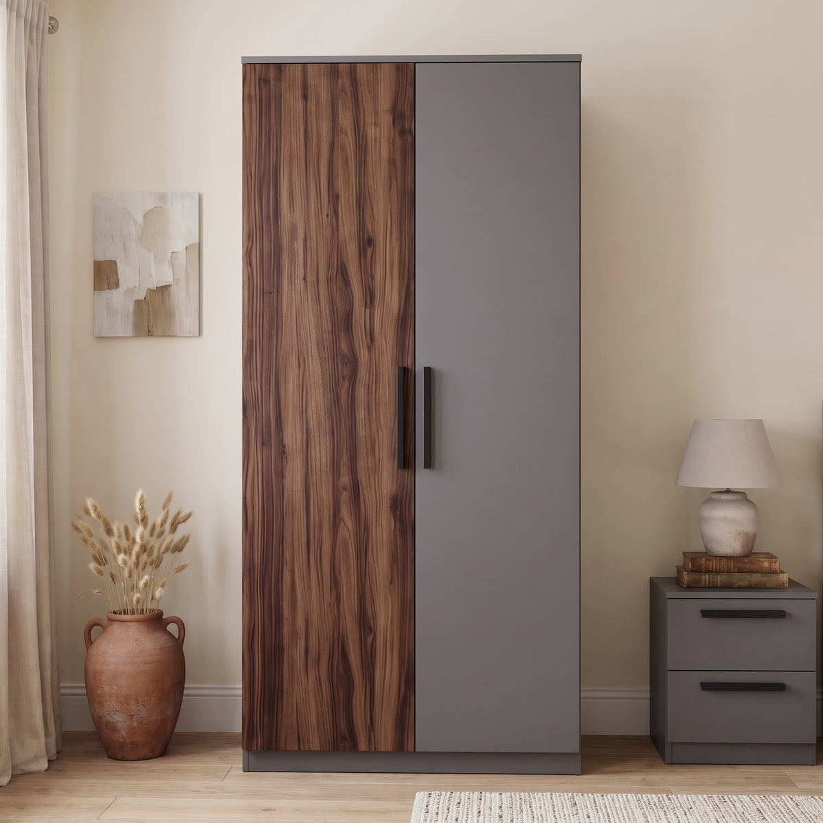 [Walnut] Blythe 2 Door Wardrobe with Shelves and Hanging Rail presented straight-on next to a matching grey bedside table.