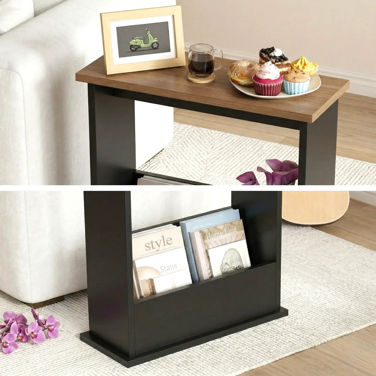  [Walnut + Black] Narrow Side Table tucked snugly between two cream sofas with cappuccino, phone, earbuds, and books stored neatly below