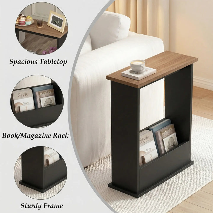 [Walnut + Black] Narrow Side Table feature collage showing spacious walnut tabletop, magazine rack with books, and sturdy frame details