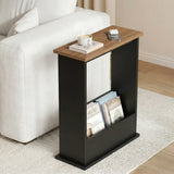[Walnut + Black] Narrow Side Table styled next to a cream sofa with coffee, phone, earbuds, and home design magazines tucked into the storage shelf