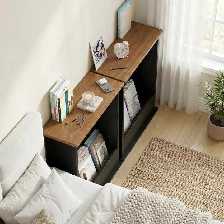 [Walnut + Black] Narrow Side Tables paired against a wall with books, coffee, phone, alarm clock, glasses, and magazines tucked below