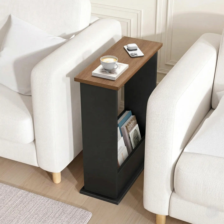 [Walnut + Black] Narrow Side Table close-up split showing cupcakes, coffee, photo frame on top and style magazines tucked into the storage rack