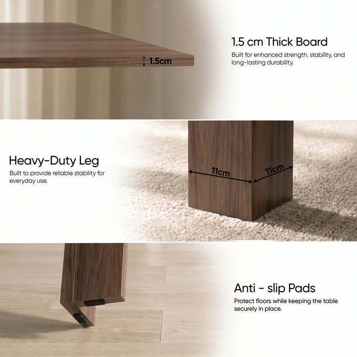 [Walnut] Detail guide showing 1.5cm board, 11 x 11cm heavy-duty leg and anti-slip footpads