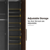 [Walnut] Interior view of a walnut grey 3-door wardrobe highlighting adjustable storage with three movable interior racks