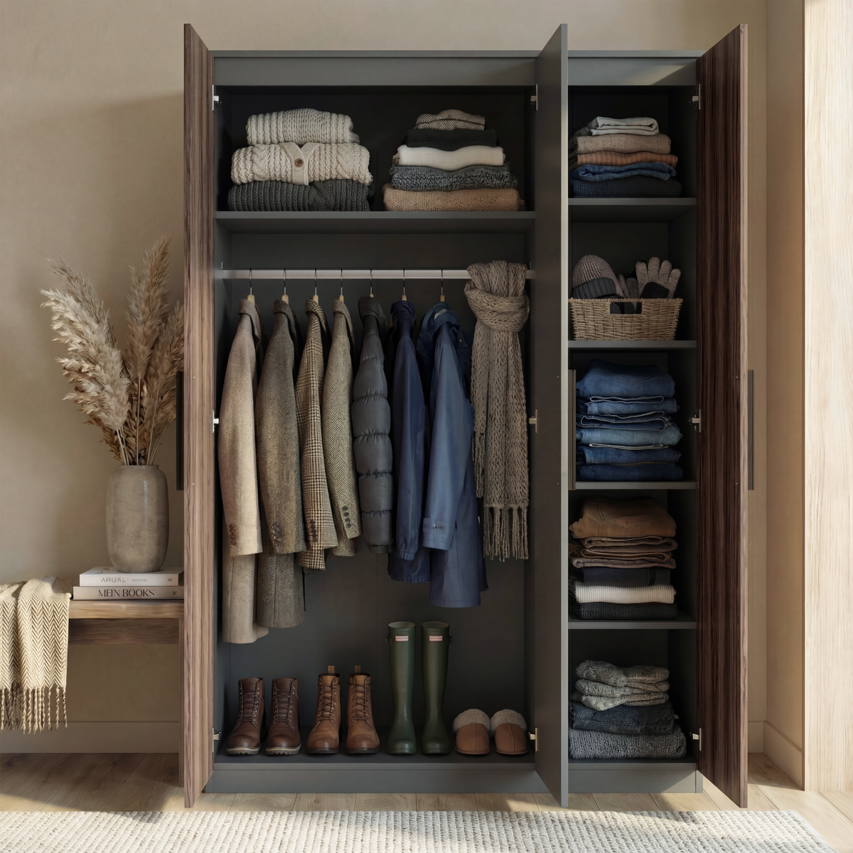 [Walnut] three door wardrobe interior with hanging rail section and multiple storage shelves