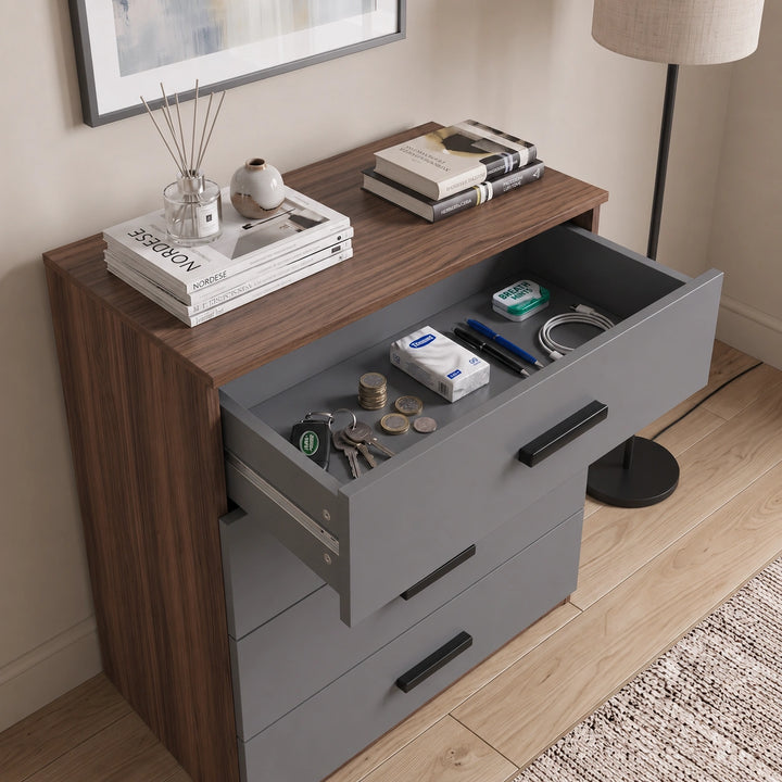 [Walnut] Close view of walnut grey drawer interior showing usable storage space, smooth inner finish and depth