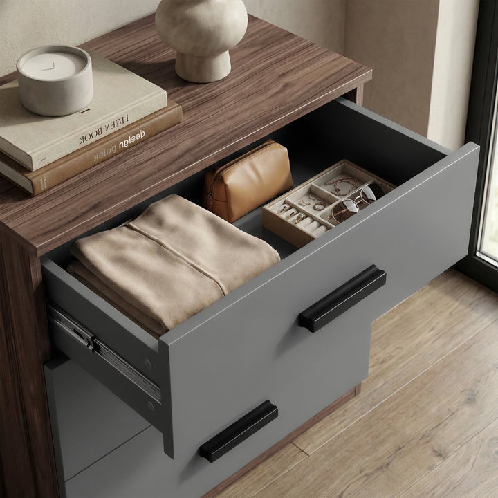 [Walnut] Open drawer of walnut grey unit revealing internal storage space and smooth runner system