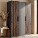 [Walnut] Three door walnut and grey wardrobe with contrasting panels and black vertical handles in room setting
