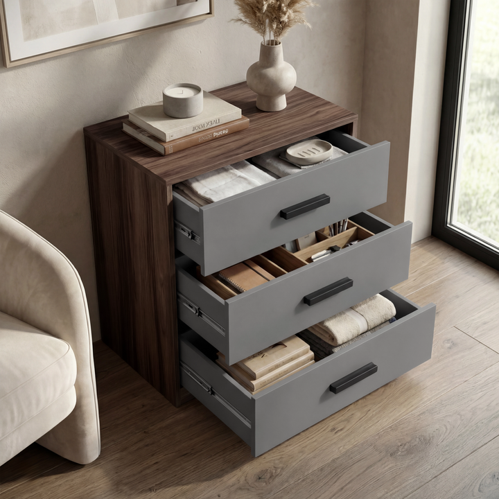 [Walnut] chest with drawers extended displaying interior storage capacity and depth