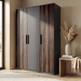 [Walnut] Angled room perspective of walnut grey triple door wardrobe placed beside decor and natural light