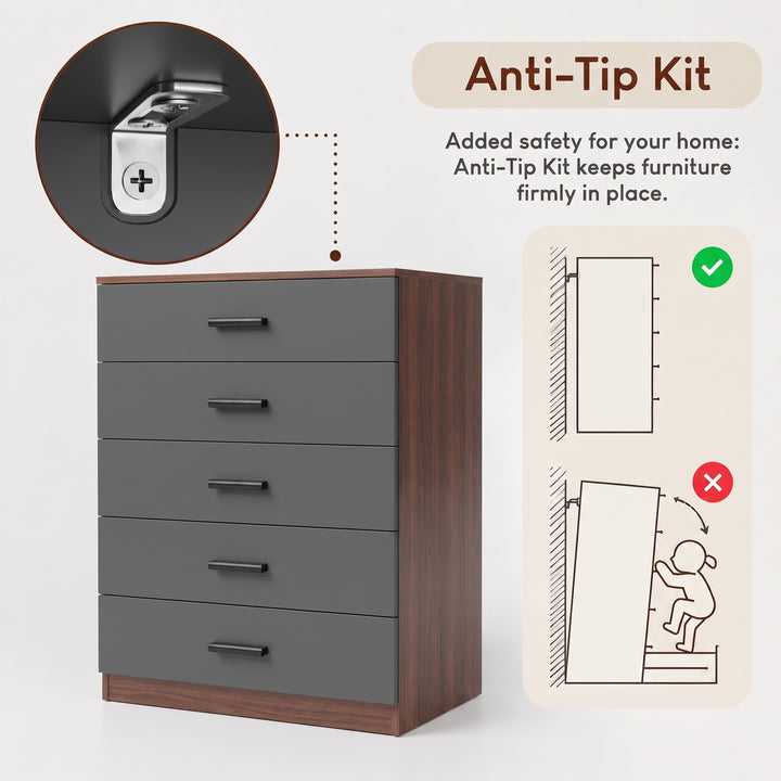 [Walnut] Graphic illustrating the Anti-Tip Kit wall-mounting safety feature for the Walnut 5 Drawer Chest.