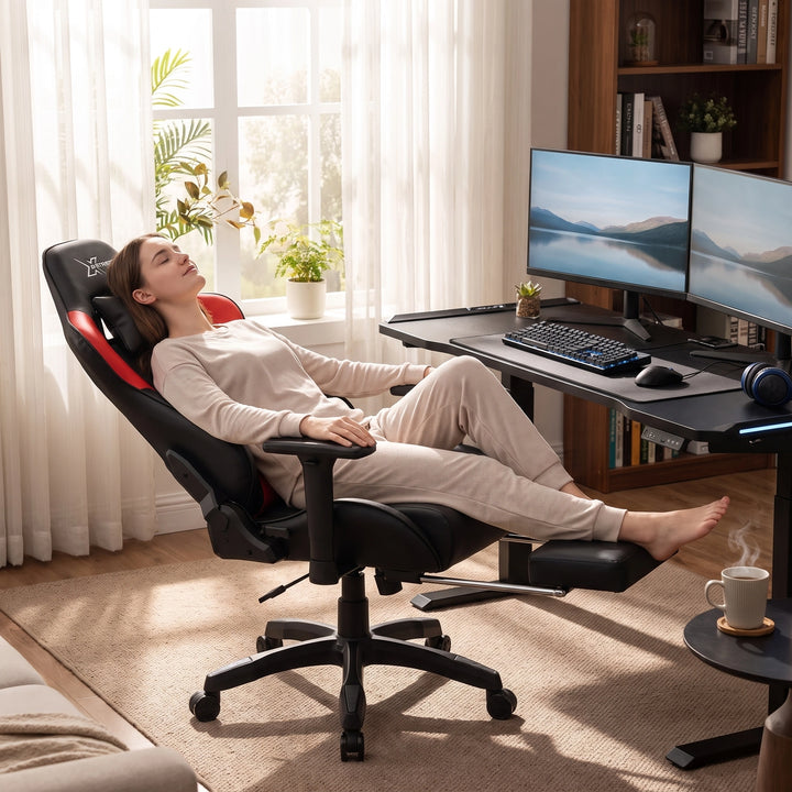 [Black + Red] A woman in a beige pajama set reclines comfortably in a gaming chair in a bright, modern home office.