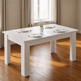 [140 cm | White] 6 Seater Dining Table Rectangle set beautifully for an elegant dinner on a glossy wood floor.