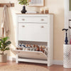 [White] Shoe Cabinet With Drawer showing a bottom tilt door open revealing rows of sneakers and loafers.