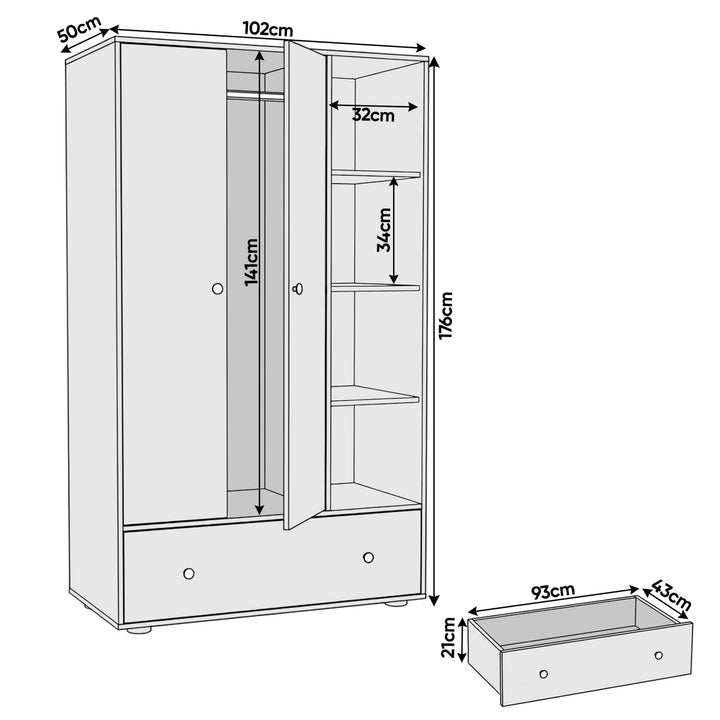 [White] wardrobe with dimensions labeled on a white background