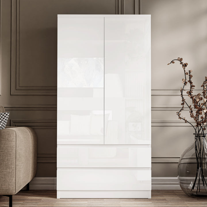 [White] high gloss 2 door wardrobe with drawers in white from the 3 piece set with handleless push-open doors