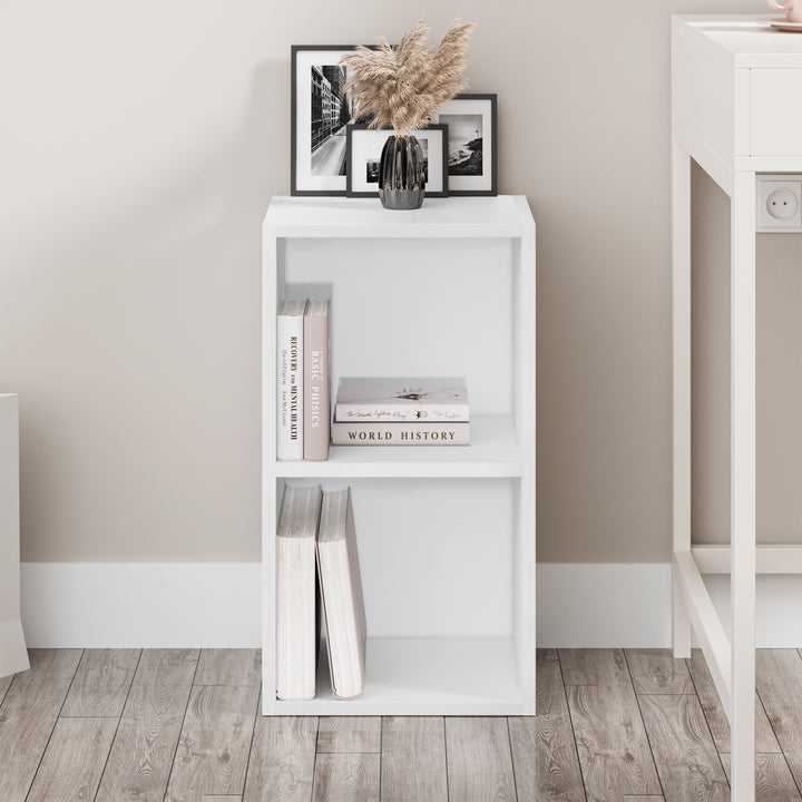 [2 Shelf | White] straight face of white panel under-window short cube bookcase over herringbone oak floor