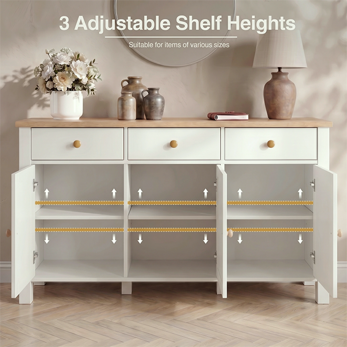 [White] 3 door linra sideboard with adjustable shelf heights in a room setting