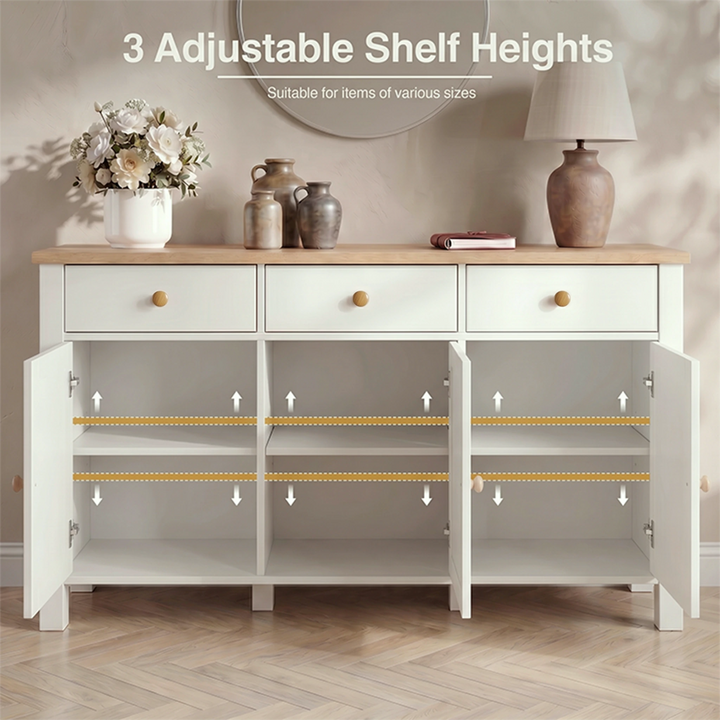 [White] 3 door linra sideboard with adjustable shelf heights in a room setting