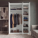 [White] Blythe wardrobe interior with hanging rail on left and folded clothes stacked on right shelves