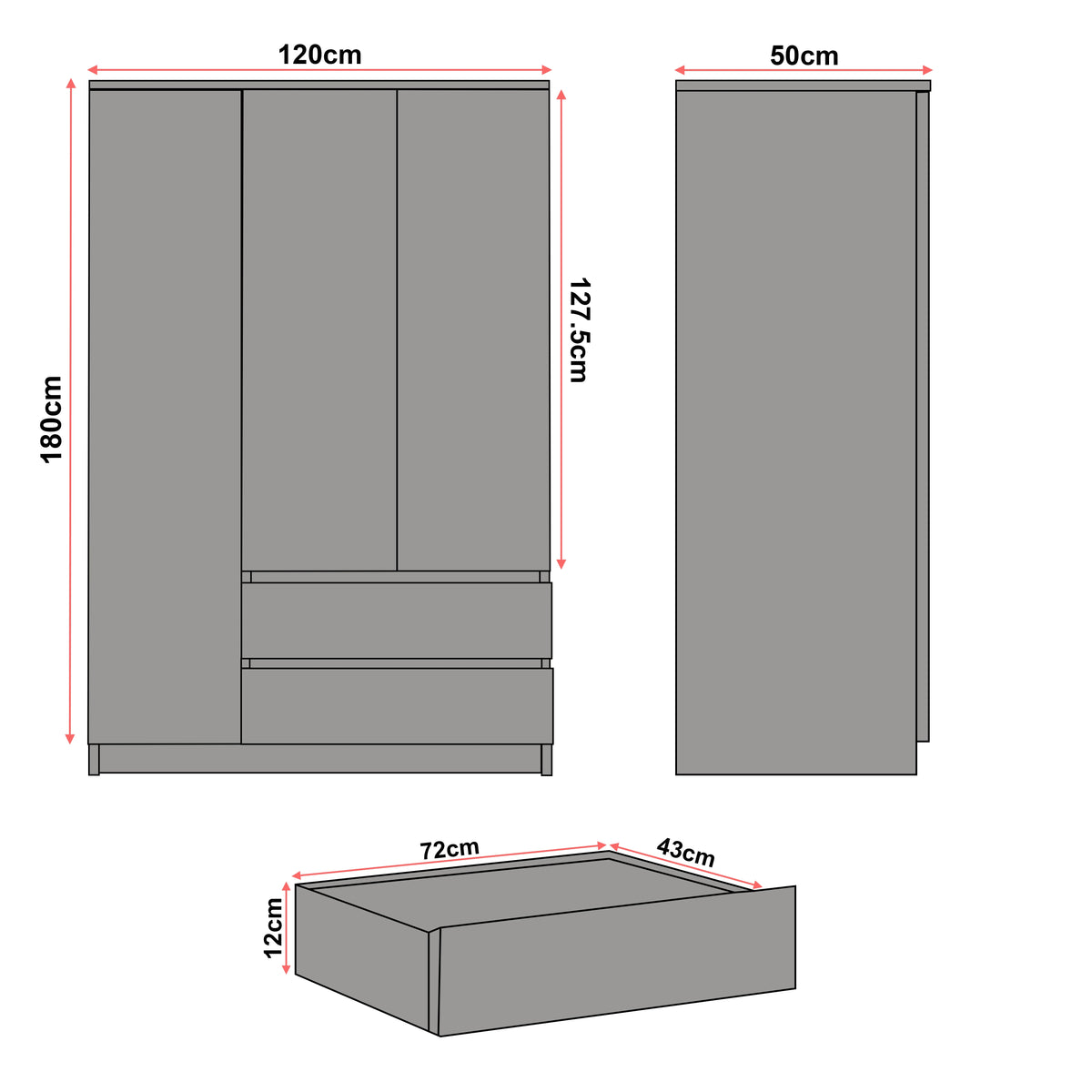 [White] 3 door wardrobe dimensions: 180cm height, 120cm width, 50cm depth, drawers 72cm x 43cm x 12cm deep